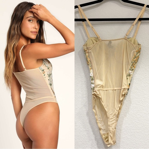NWOT Lulus Essence of Elegance Beige Embroidered Bustier Bodysuit - Picture 5 of 9